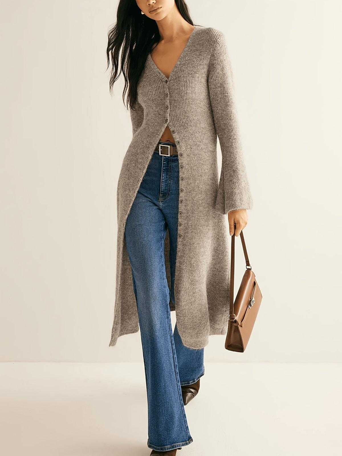 Longline Button Front Ribbed Duster Cardigan - Khaki