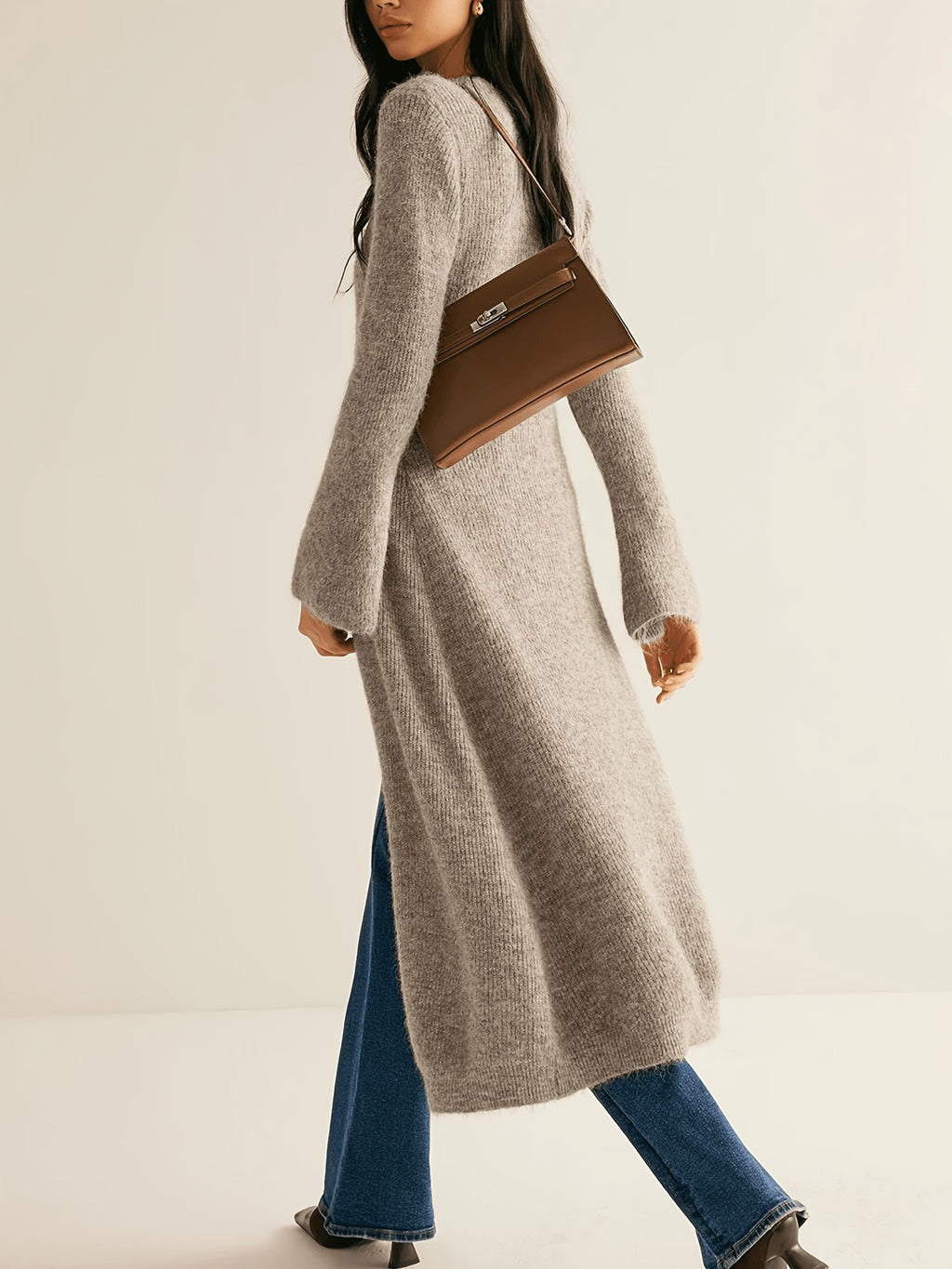 Longline Button Front Ribbed Duster Cardigan - Khaki - 1