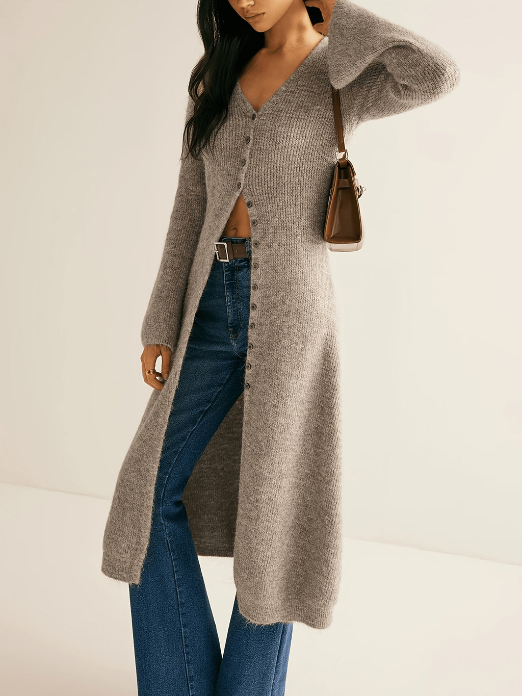 Longline Button Front Ribbed Duster Cardigan - Khaki - 2