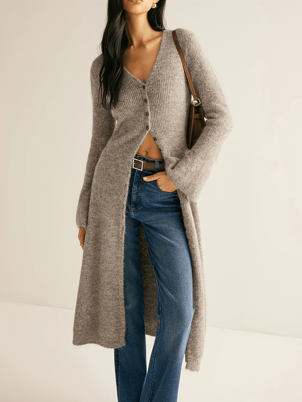 Longline Button Front Ribbed Duster Cardigan