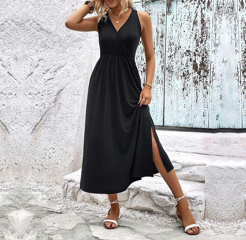 Sleeveless Jersey Maxi Dress With Side Split - Black