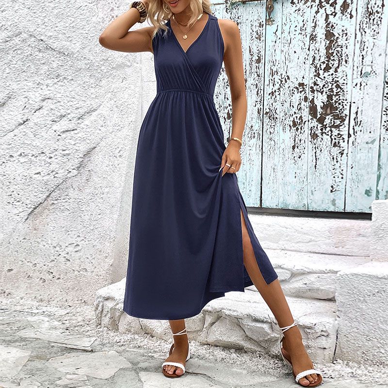 Sleeveless Jersey Maxi Dress With Side Split - Dark blue