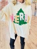 Chenille Letter Christmas Tree Sweatshirt - Beige