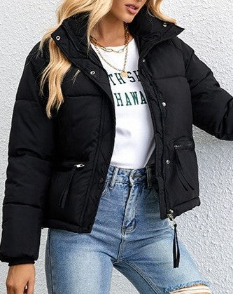 Drawstring Hem Cropped Puffer Jacket - Black