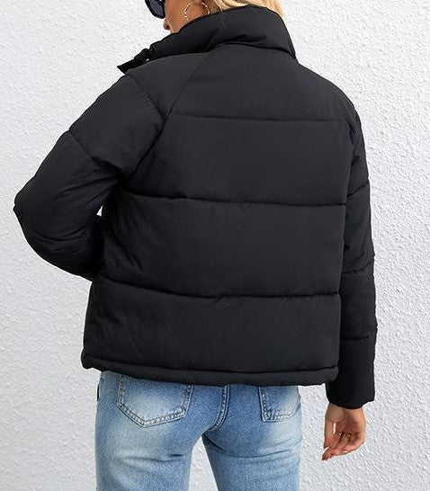 Drawstring Hem Cropped Puffer Jacket - Black - 1
