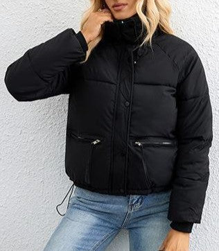 Drawstring Hem Cropped Puffer Jacket - Black - 2