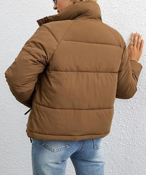 Drawstring Hem Cropped Puffer Jacket - Caramel