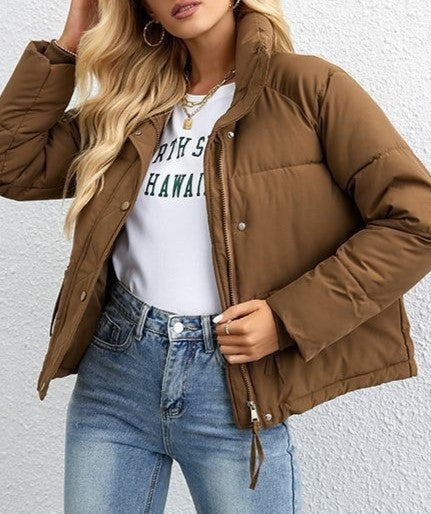 Drawstring Hem Cropped Puffer Jacket - Caramel - 1
