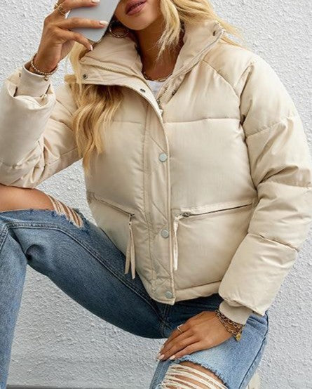 Drawstring Hem Cropped Puffer Jacket - White - 2