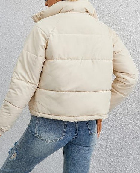 Drawstring Hem Cropped Puffer Jacket - White - 3