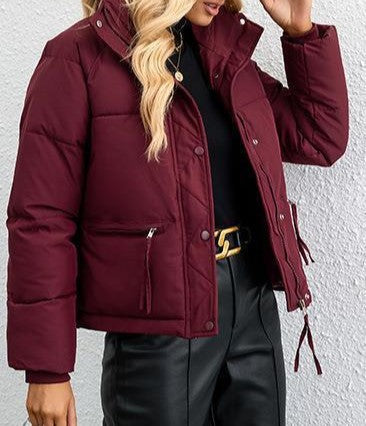 Drawstring Hem Cropped Puffer Jacket - WineRed
