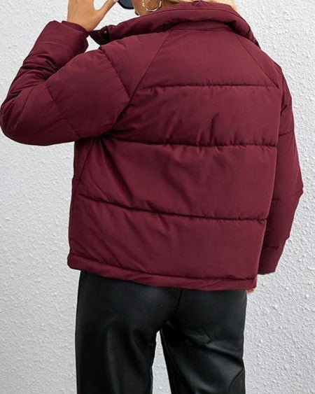 Drawstring Hem Cropped Puffer Jacket - WineRed - 1