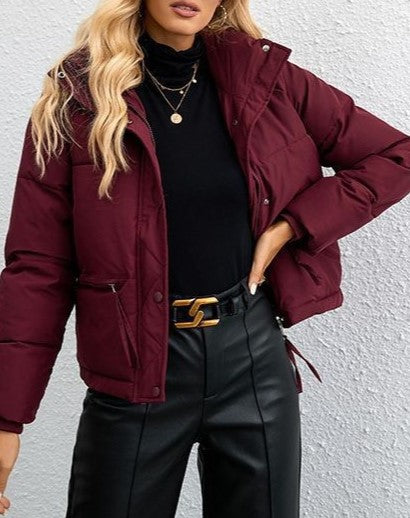 Drawstring Hem Cropped Puffer Jacket - WineRed - 2