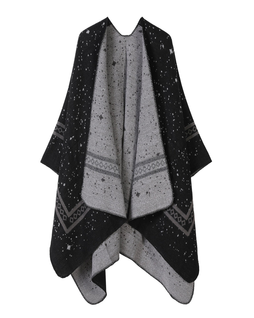 Reversible Star Motif Blanket Cape Wrap - Black