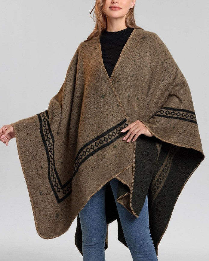 Reversible Star Motif Blanket Cape Wrap - Camel