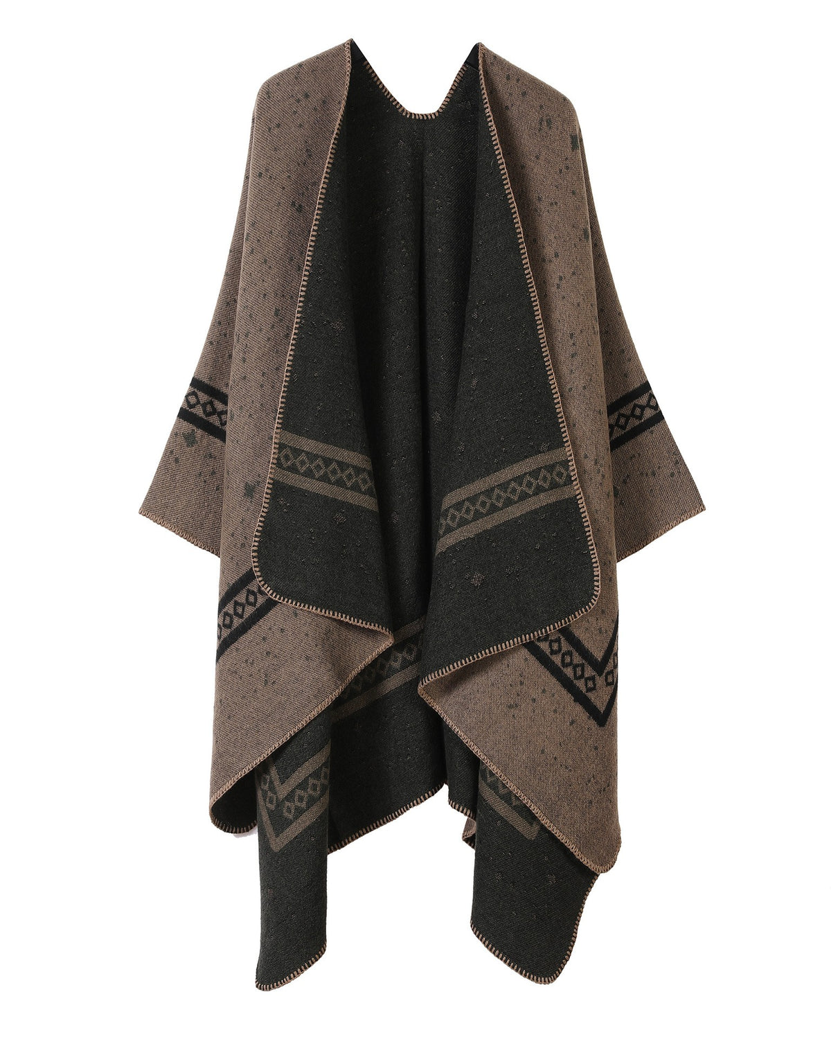 Reversible Star Motif Blanket Cape Wrap - Camel - 1