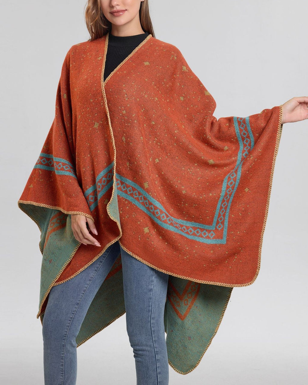 Reversible Star Motif Blanket Cape Wrap - Camel - 2