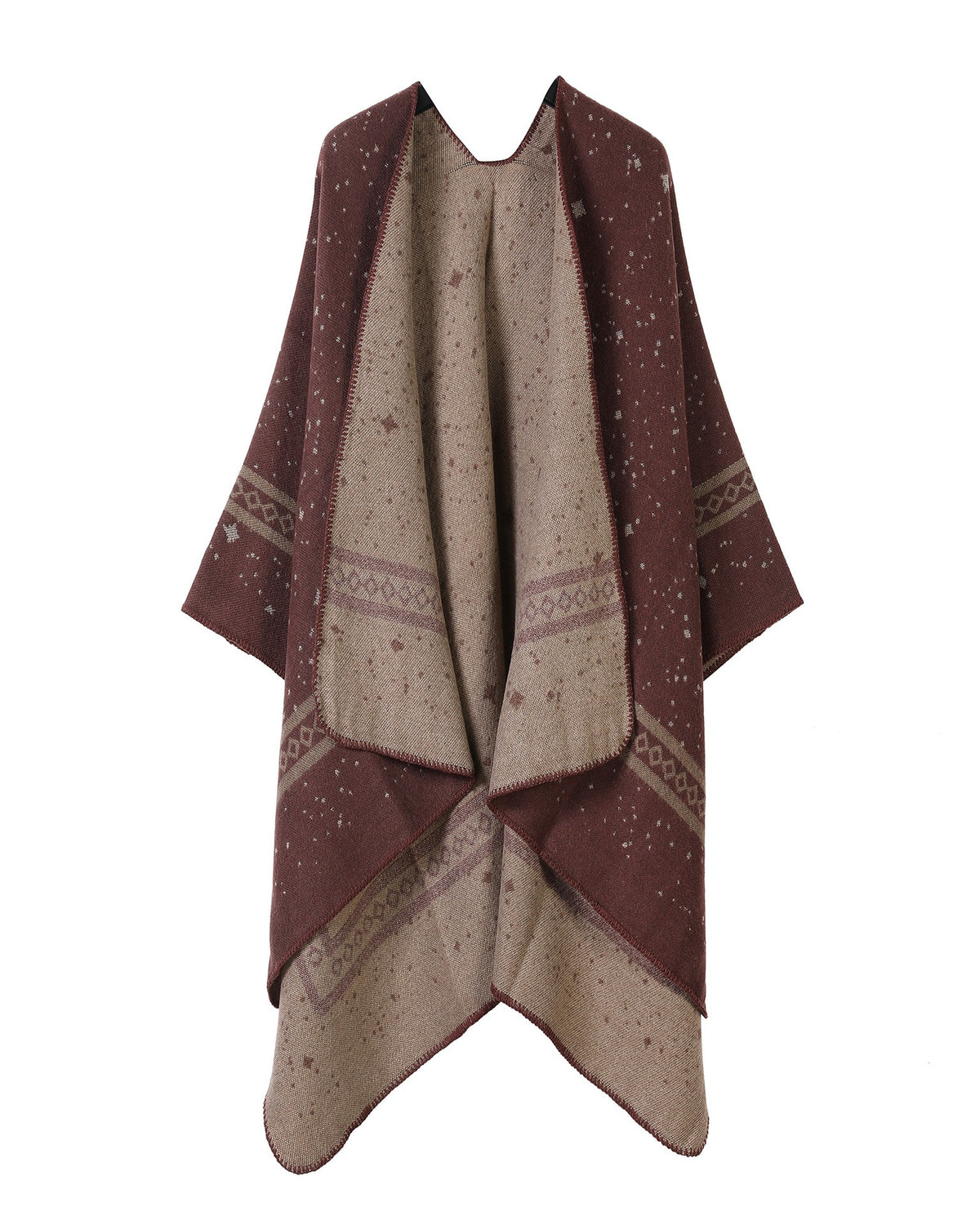 Reversible Star Motif Blanket Cape Wrap - Jujube-Red
