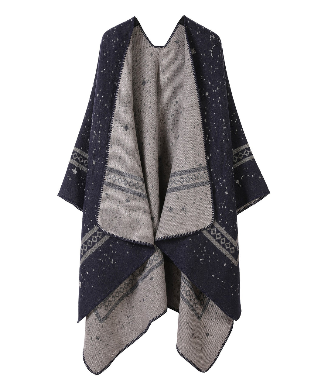 Reversible Star Motif Blanket Cape Wrap - Navy-Blue