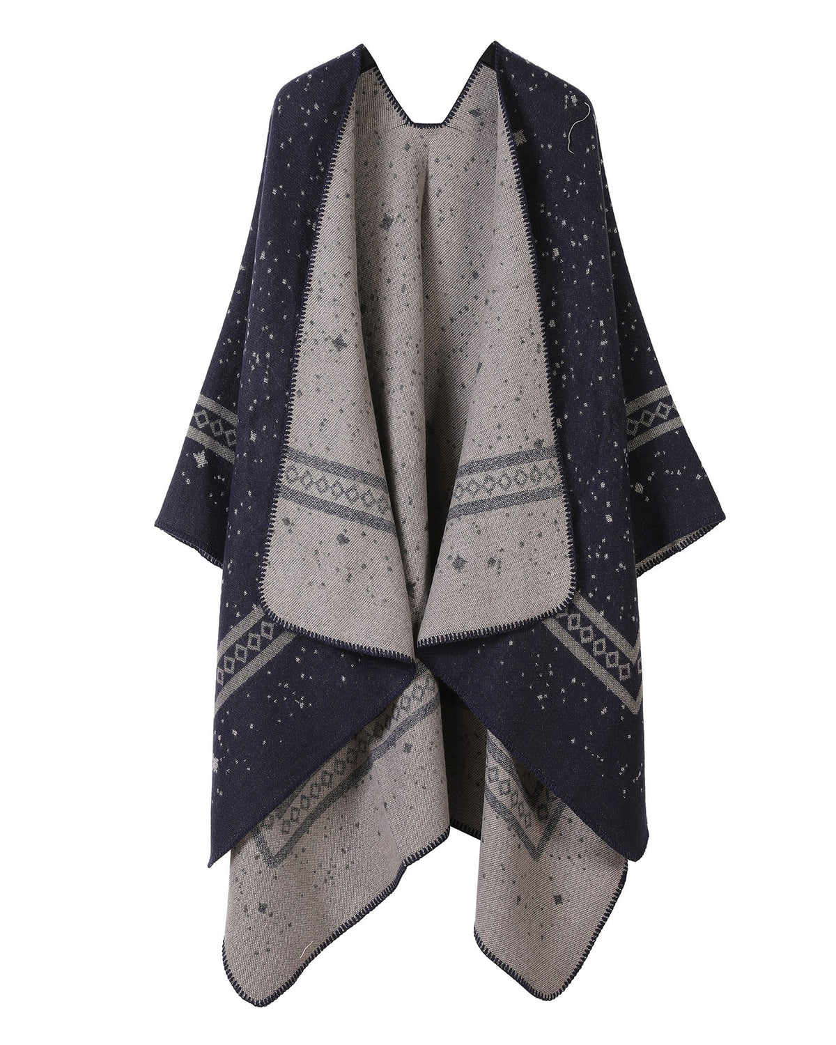 Reversible Star Motif Blanket Cape Wrap - Navy-Blue