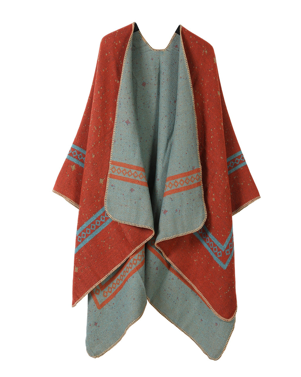 Reversible Star Motif Blanket Cape Wrap - Orange