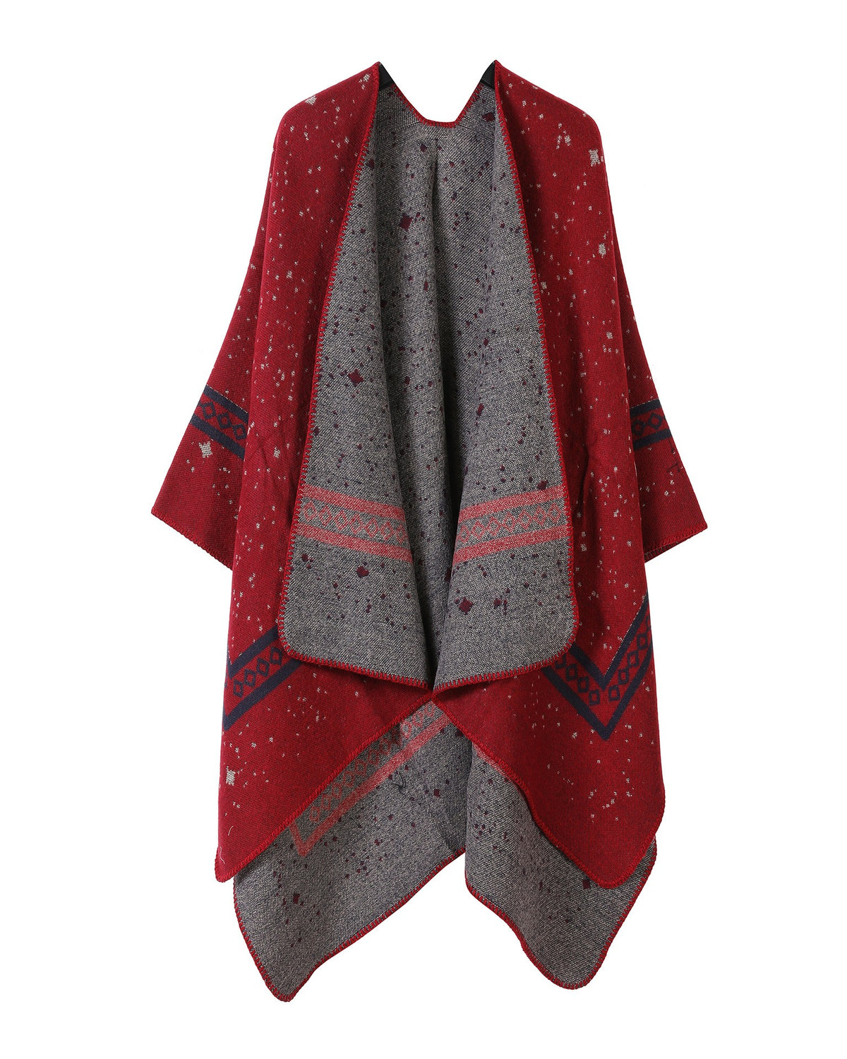 Reversible Star Motif Blanket Cape Wrap - Red