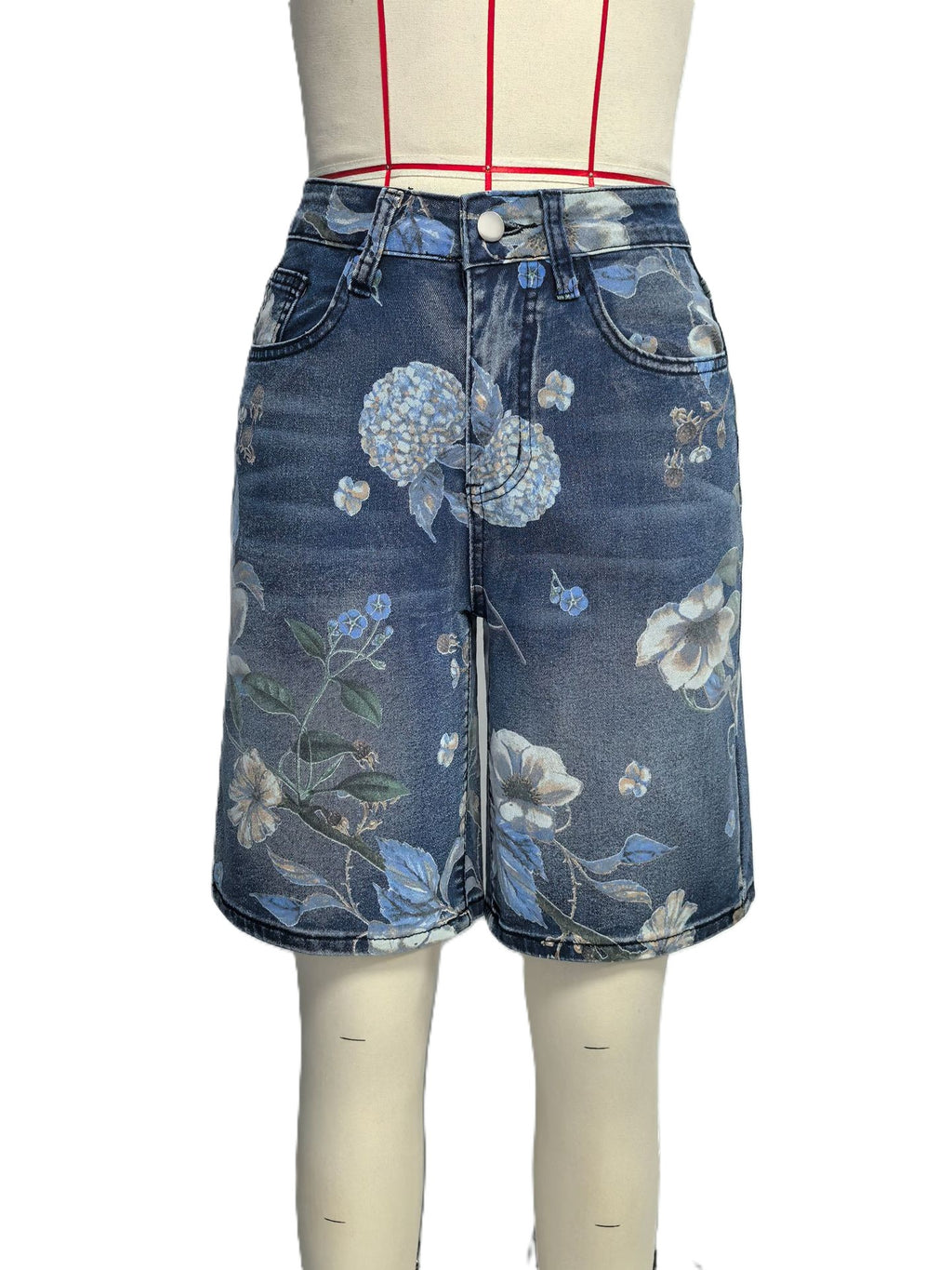 Blossom Print Bermuda Denim Shorts - Blue