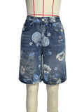 Blossom Print Bermuda Denim Shorts - Blue