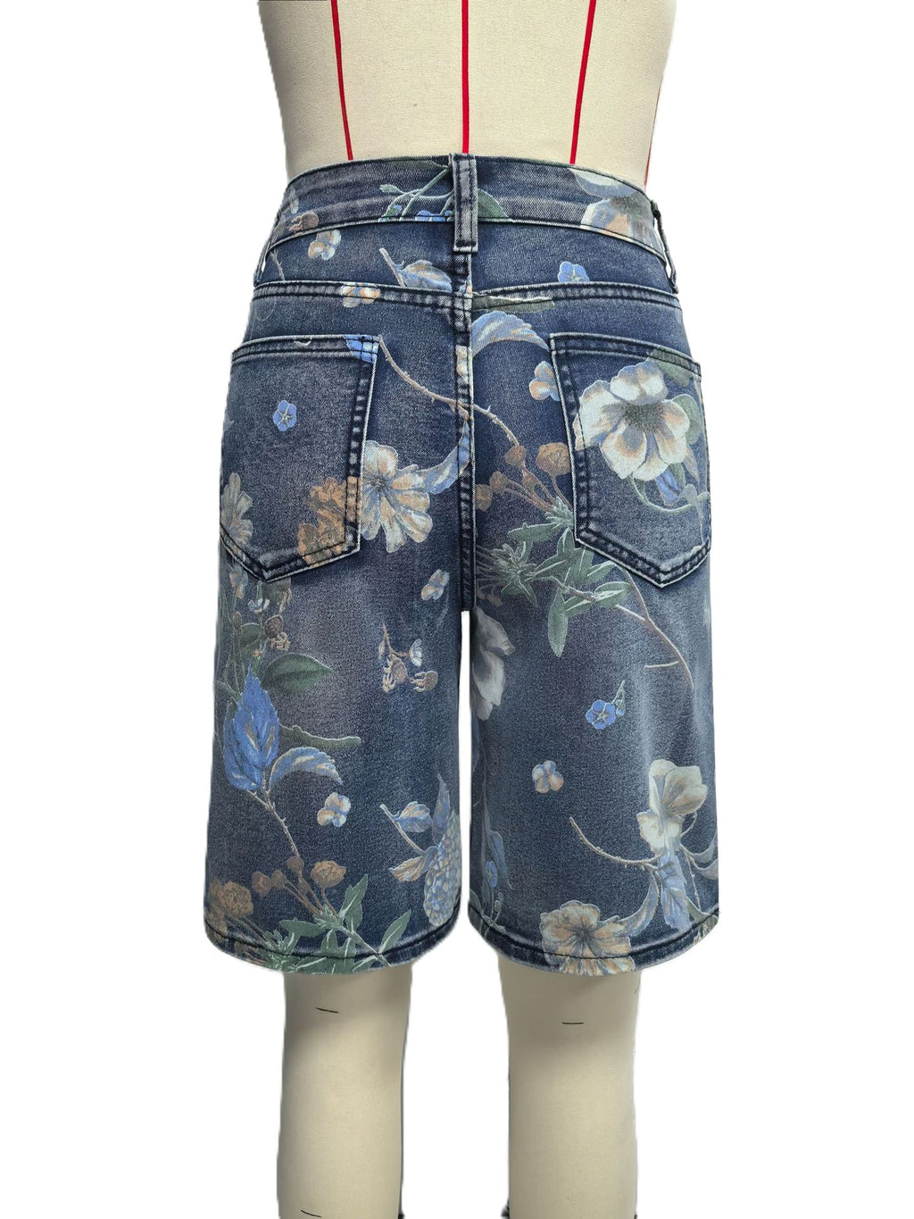 Blossom Print Bermuda Denim Shorts - Blue - 2