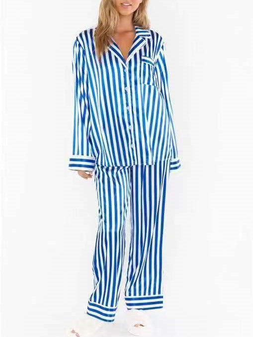 Striped and Novelty Print Pajama Set - Blue