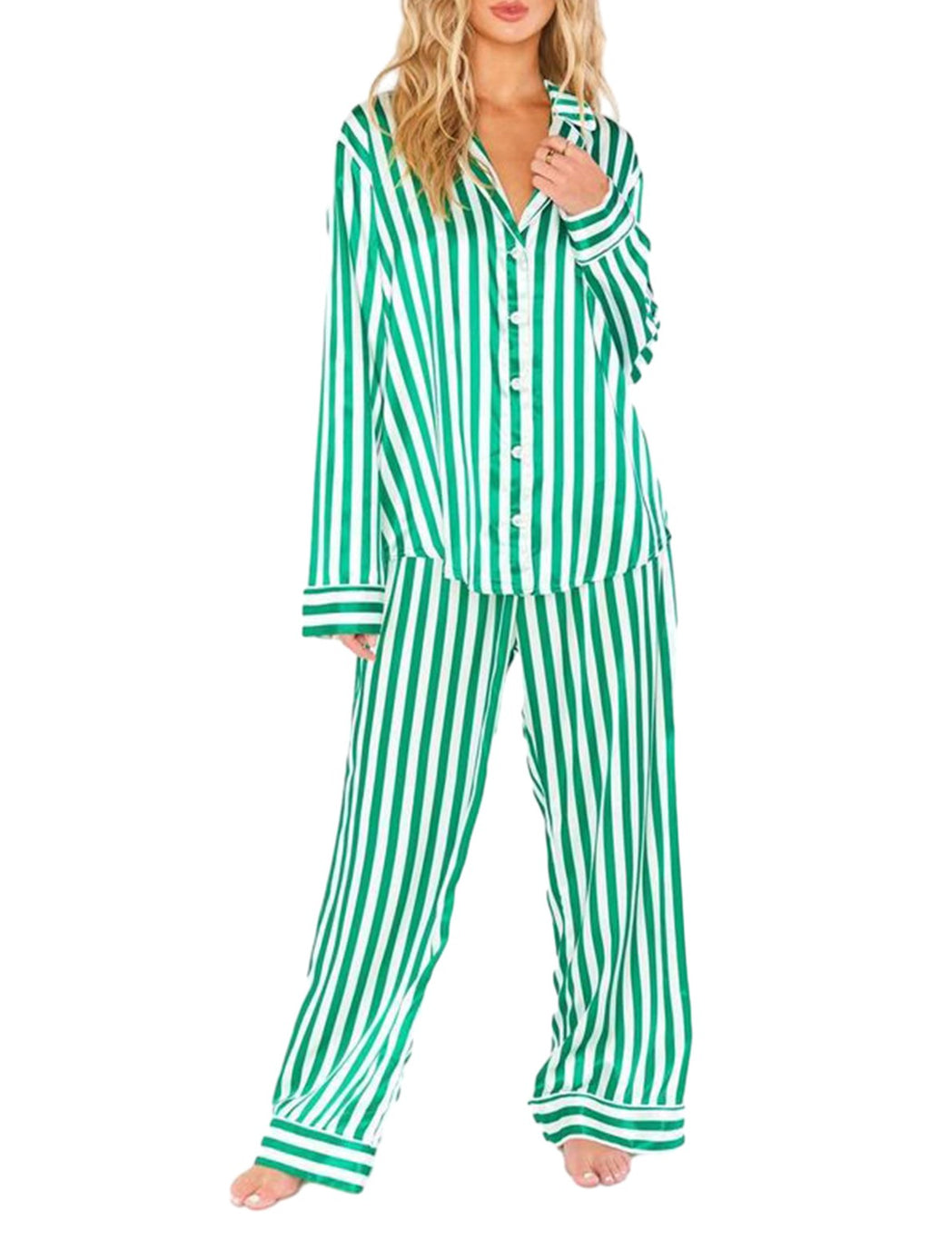 Striped and Novelty Print Pajama Set - Green