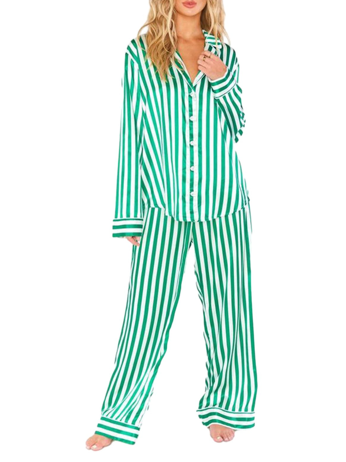 Striped and Novelty Print Pajama Set - Green