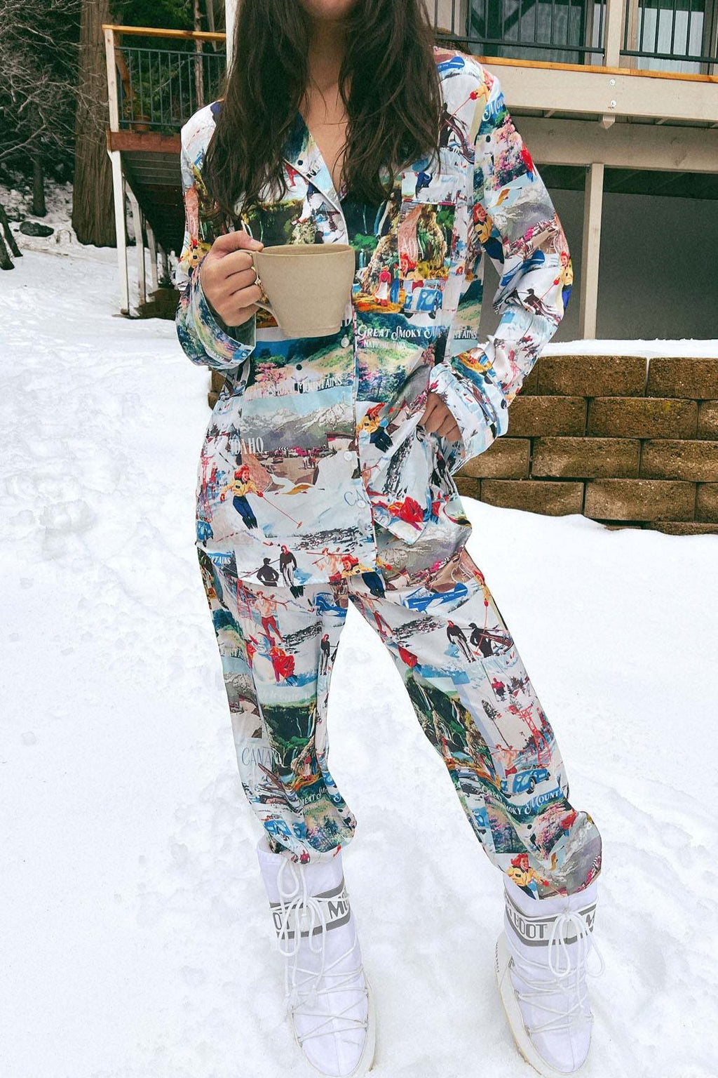 Striped and Novelty Print Pajama Set - Skiing
