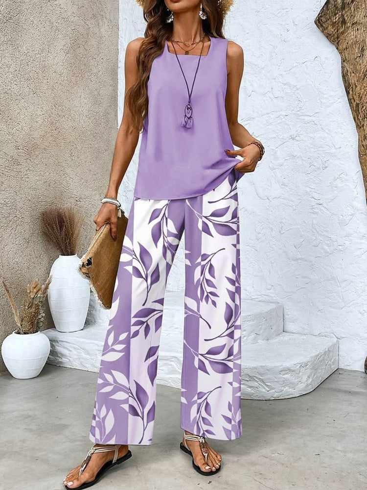 Leaf Print Tank and Wide Leg Lounge Set - violet