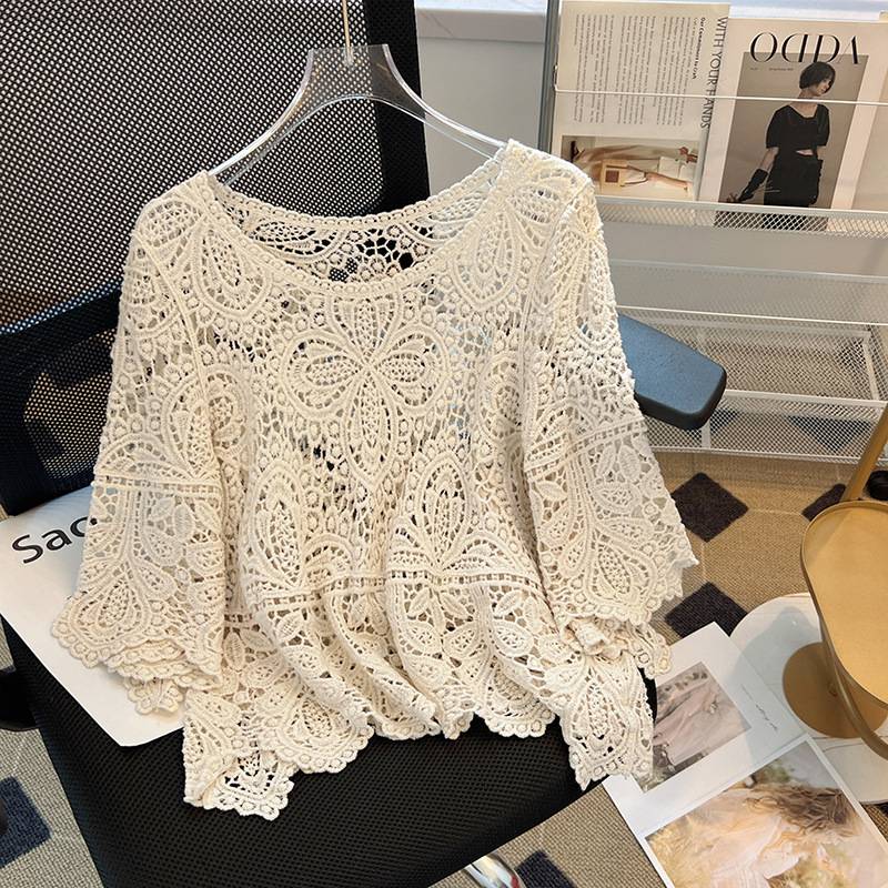 Boho Crochet Lace Flared Sleeve Top - Beige