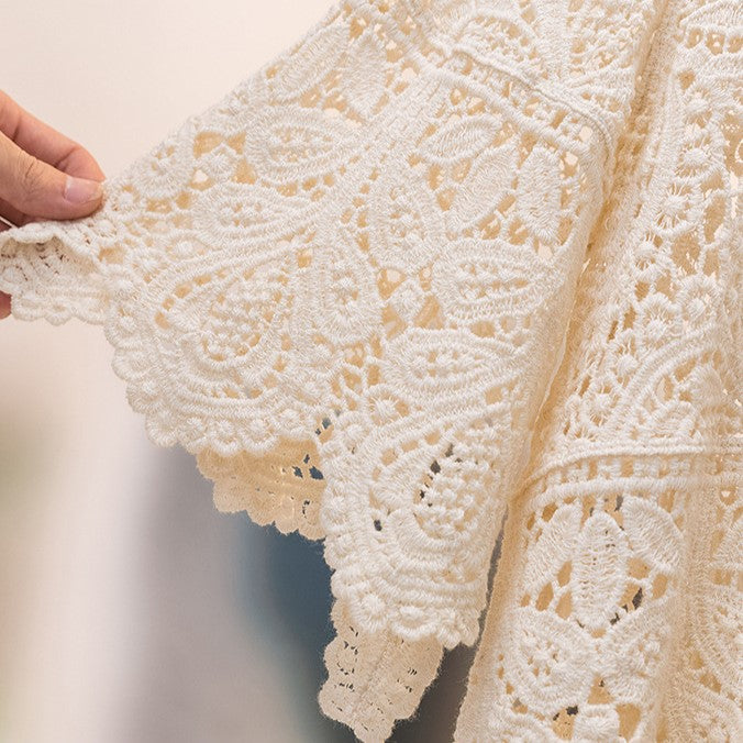 Boho Crochet Lace Flared Sleeve Top - Beige - 10