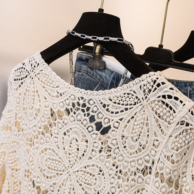 Boho Crochet Lace Flared Sleeve Top - Beige - 11