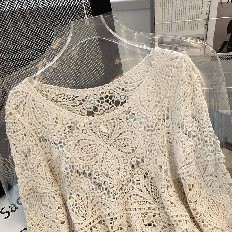 Boho Crochet Lace Flared Sleeve Top - Beige - 12
