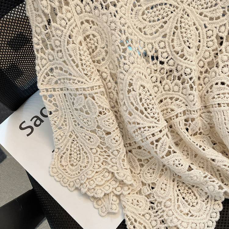 Boho Crochet Lace Flared Sleeve Top - Beige - 13