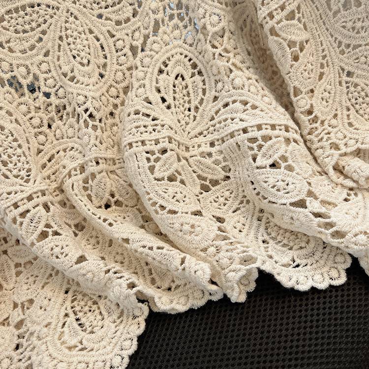 Boho Crochet Lace Flared Sleeve Top - Beige - 14