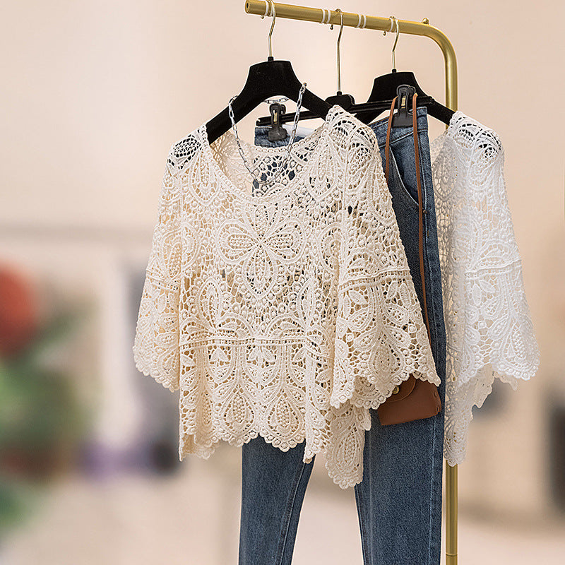 Boho Crochet Lace Flared Sleeve Top - Beige - 1