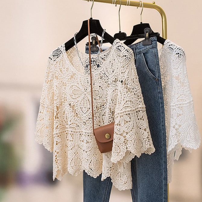 Boho Crochet Lace Flared Sleeve Top - Beige - 2