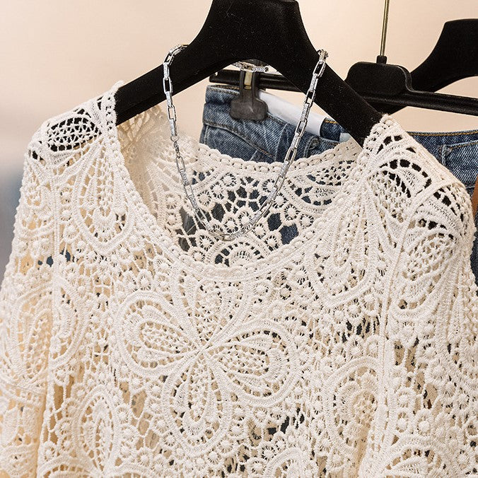 Boho Crochet Lace Flared Sleeve Top - Beige - 3