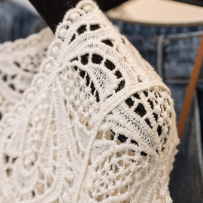 Boho Crochet Lace Flared Sleeve Top - Beige - 4