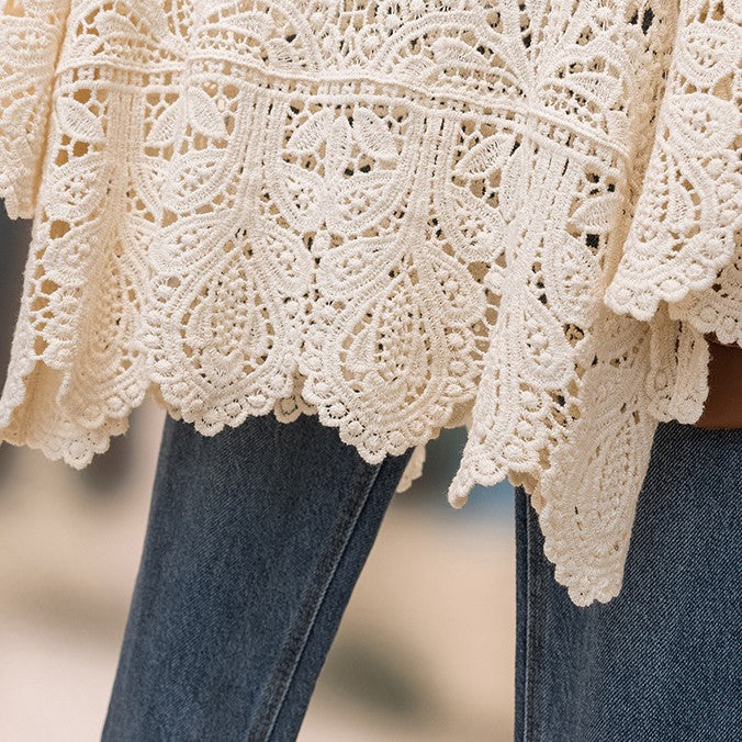 Boho Crochet Lace Flared Sleeve Top - Beige - 6