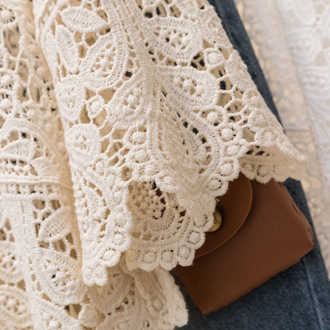 Boho Crochet Lace Flared Sleeve Top - Beige - 7