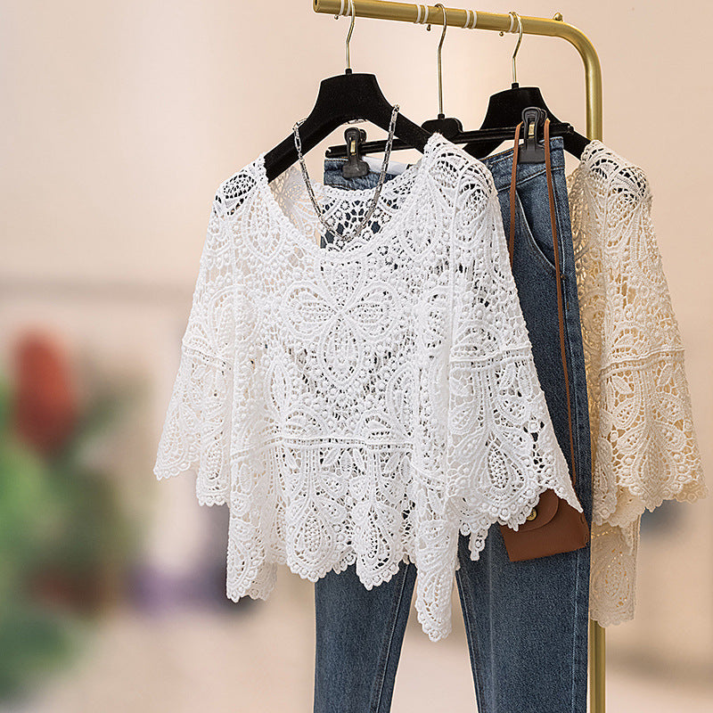 Boho Crochet Lace Flared Sleeve Top - white