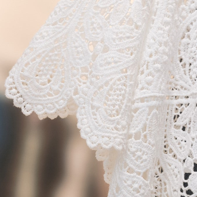 Boho Crochet Lace Flared Sleeve Top - white - 2