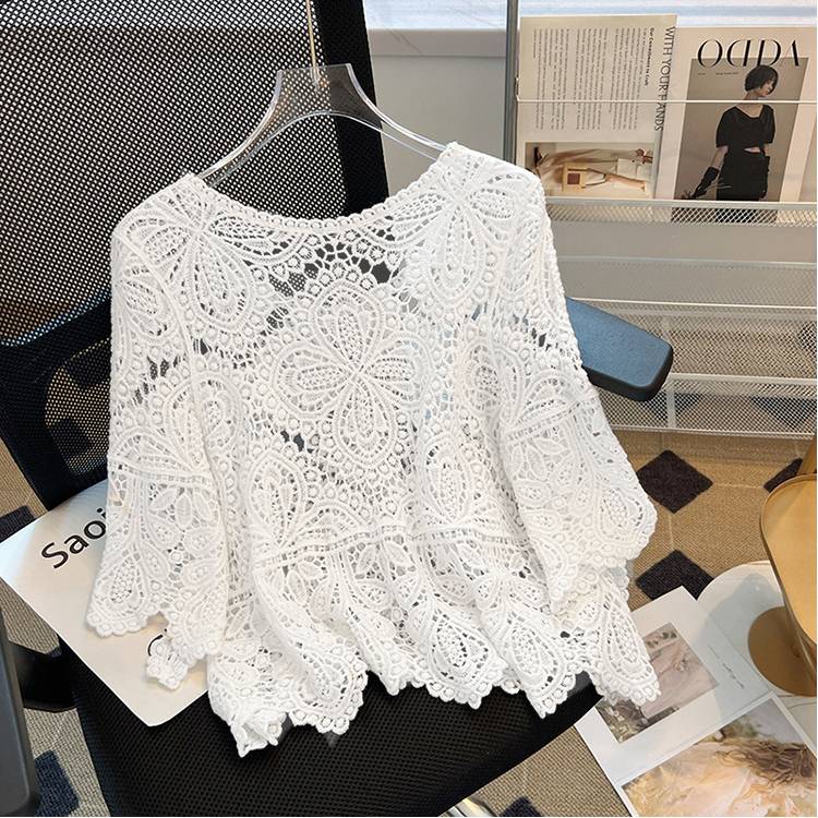 Boho Crochet Lace Flared Sleeve Top - white - 3