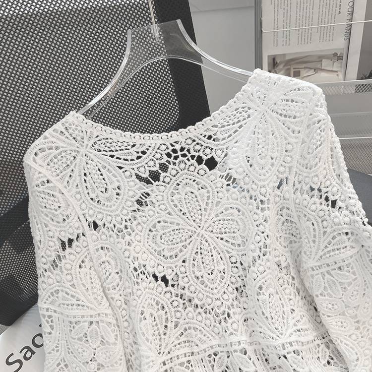 Boho Crochet Lace Flared Sleeve Top - white - 7